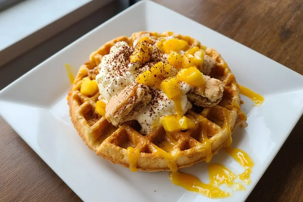 Waffle topped with mango tiramisu cream, ladyfinger pieces, diced mango and mango sauce