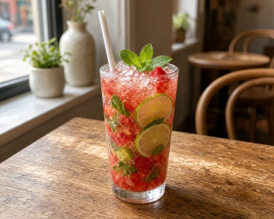 Strawberry mojito with mint, lime and crushed ice