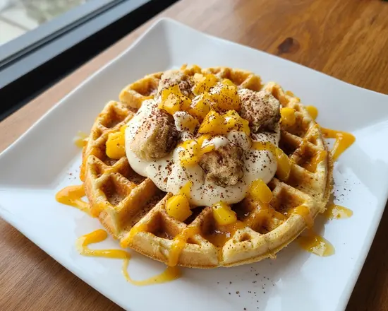 Mango tiramisu waffle with mascarpone cream, diced mango and cocoa on a white plate